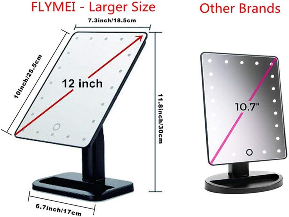 FLYMEI Vanity Makeup Mirror with Lights, Lighted Makeup Mirror with 10X Magnification, 4 AA Batteries, Touch Screen and Light Adjustable, 180° Rotation, Black