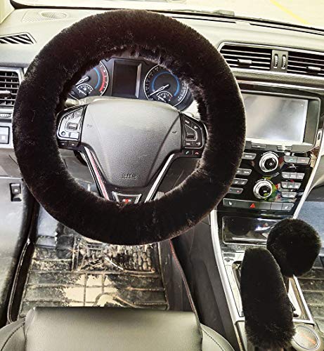 IBAIOU Chaud Hiver Doux Furry Fourrure Couvre Volant, Taille Universelle Fluffy Fuzzy Faux Laine Peluche Caches de Volant+Couvercle de Frein à Main+ Housse de Changement vitesse-3pcs/set (Black) Cover