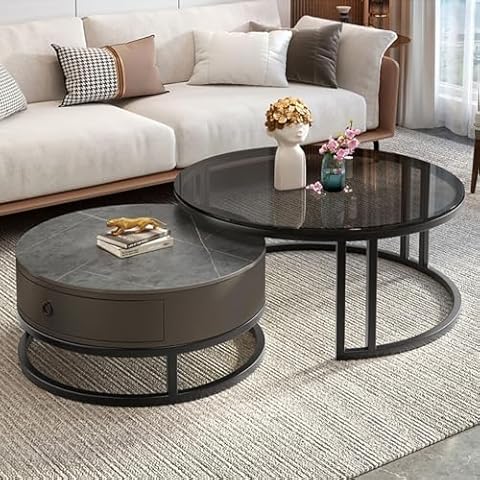 Round Modern Nesting Coffee Table Set of 2, Glass Stacking Side/End Table, Marble Accent Coffee Tables for Living Room, Home Office, Small Space, Nightstands for Bedroom (Color : Black, Size : 60c Cover