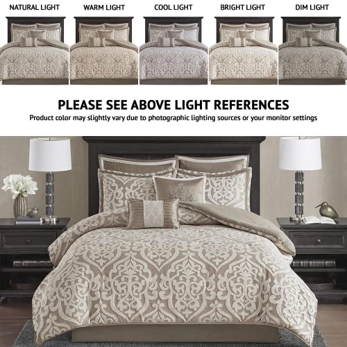 Madison Park Odette Cozy Comforter Set Jacquard Damask Medallion Design - Modern All Season, Down Alternative Bedding, Shams, Decorative Pillow, King(104 In X 92 In), Tan 8 Piece #TOP1