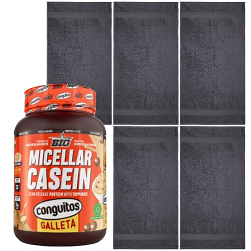 Pack entrenamiento Conguitos Galleta - Caseína micelar 1 kg + 5 Toallas 100% algodón Gris oscuro 50x90 cm.