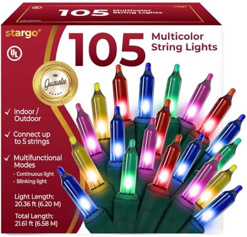 Warm Multi Color Christmas Lights - 20 ft String of 105 Incandesc...