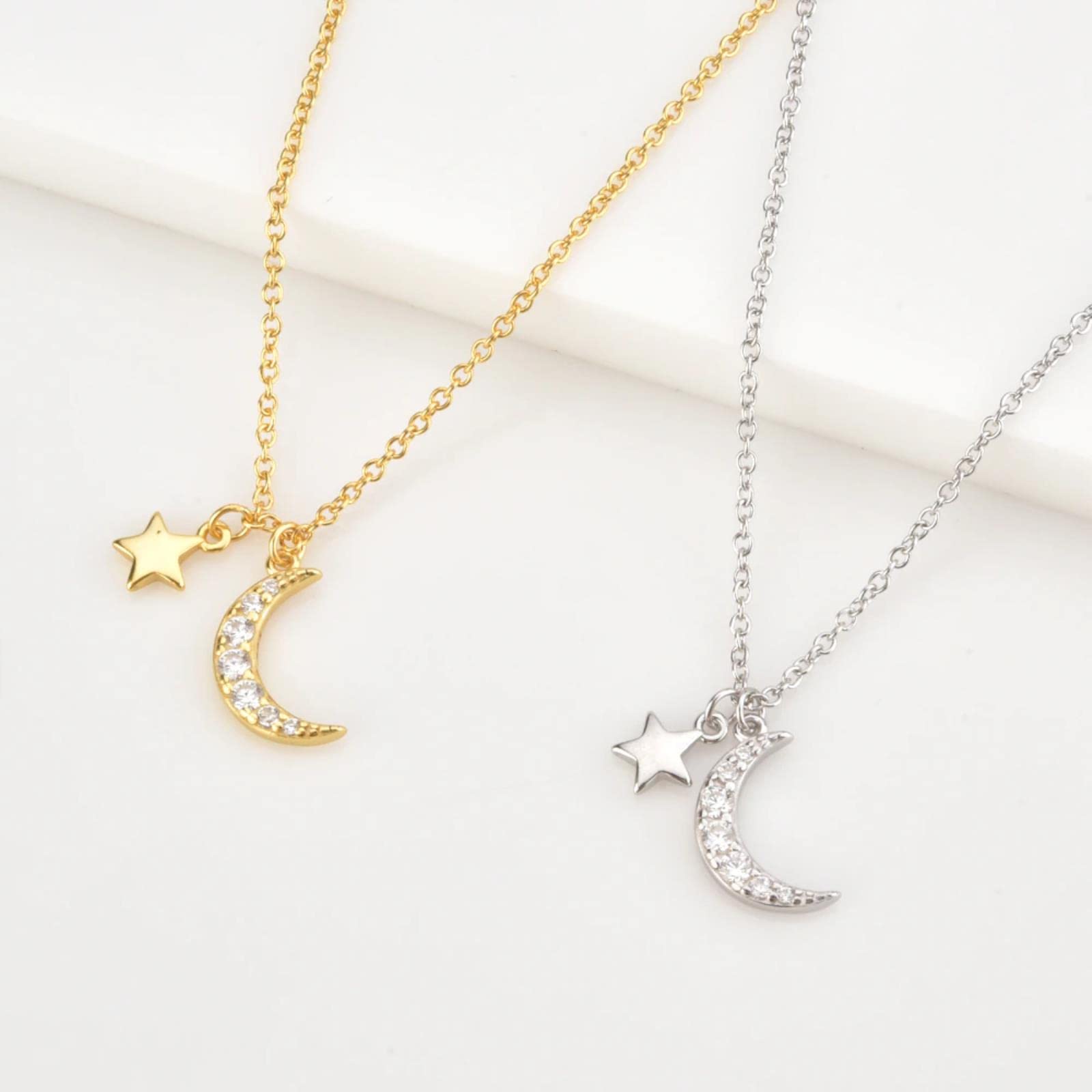 925 Sterling Silver Gold Zircon Cz Moon Star Charm Ciondolo Collana A Catena Lunga 2021 Gioielli da Sposa da Donna Cristallo