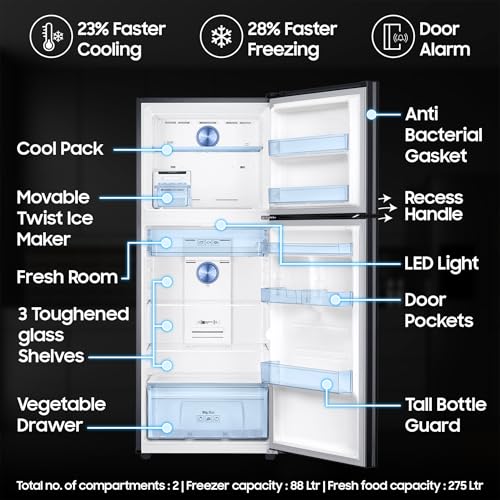 Image of Samsung 363 L, 3 Star, Convertible 5-in-1 Digital Inverter with Display Frost Free Double Door Refrigerator (RT39C553EBX /HL, Luxe Black, 2024 Model)
