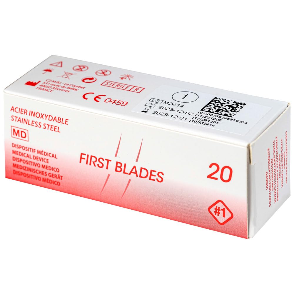 Juego de 25 cuchillas de cincel hueco, figura 1, envasadas individualmente estériles + 1 x May - Soporte para bisturí con mango plano - acero inoxidable