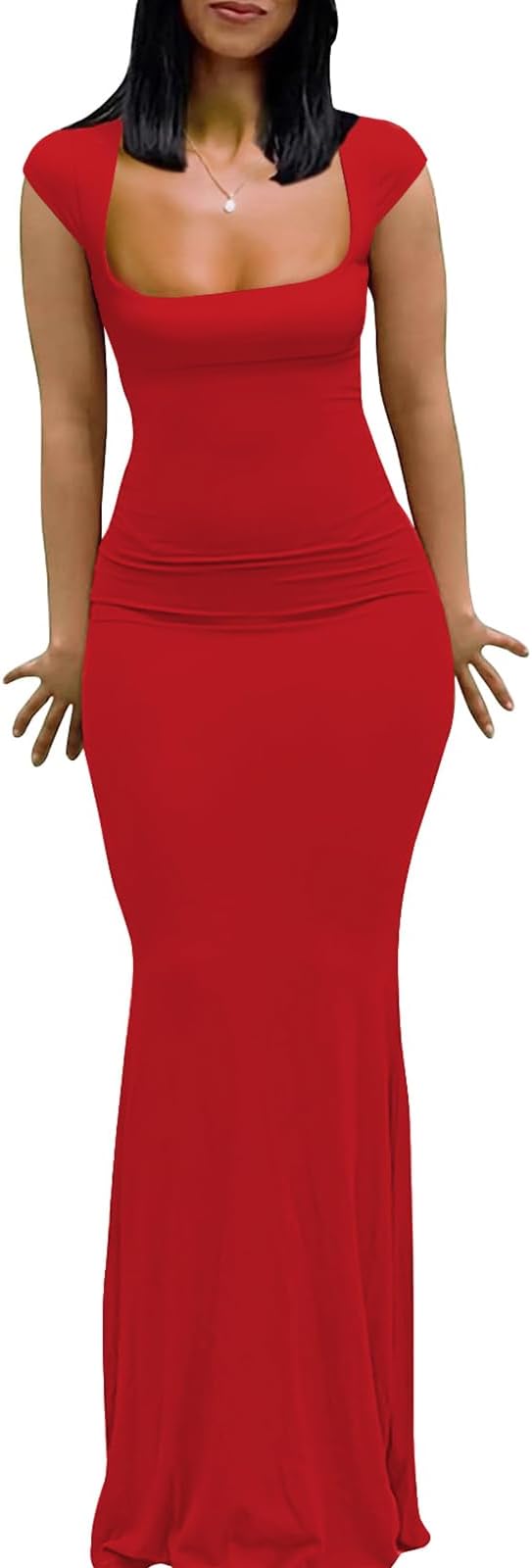 Womens Summer Cap Sleeve Square Neck Elegant Casual Lounge Bodycon Slim Maxi Evening Party Long Dress
