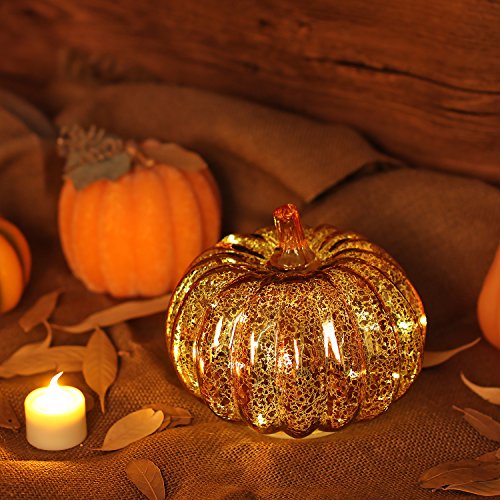 Image of Romingo Mercury Glass Pumpkin Light with Timer for Halloween Pumpkin Decorations Fall and Thanksgiving Christmas Decor,Gold, 5.5 inches