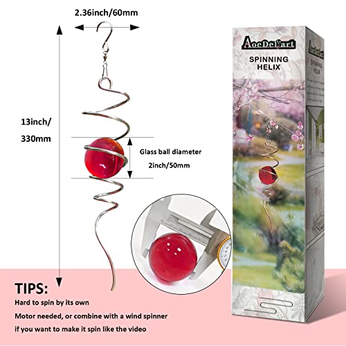 Image of Aoedelyart Gazing Ball Spiral Decorative Wind Spinner Stabilizer Sun Catcher 11inch Tail and 2 inch Glass Orb. Indoor Outdoor Garden Decoration Wind Sculptures Wind Spinner Tail-13 inch Height (Red)