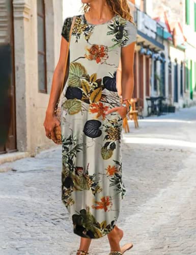 Image of Women Summer Casual Maxi Dress Floral Printed Loose Pockets Short Sleeve Split Boho Dresses
