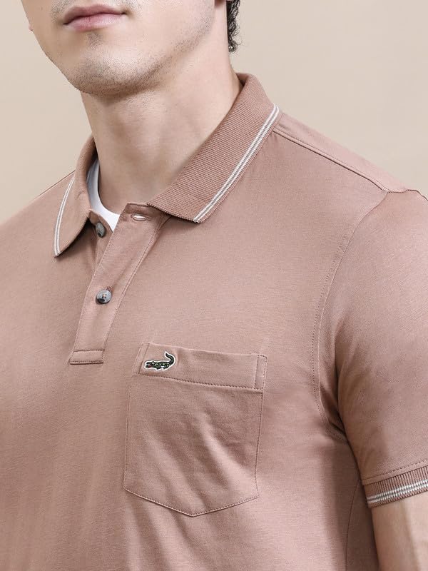 Image of CROCODILE Men Solid Slim Fit Polo T-Shirt | Regular Length | Short Sleeve | Button Placket | Casual Knitted Topwear
