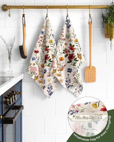 Image of Miss Adola 150GSM Flour Sack Kitchen Towels Set of 2, Vintage Flower | 18 inchx26 inch, Lightweight, Lint-Free, Pure Cotton, Decorative, with Hanging Loop, Absorbent, Softer after Wash, Giftable Package