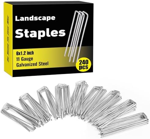 HongWay 240 Pack 6 Inch Landscape Staples, Garden Staples Galvanized Landscaping Fabric SOD Pins Heavy Duty 11 Gauge Yard Ground Stakes for Gardening Plant Cover, Turf, Lawn, Fence, Tent