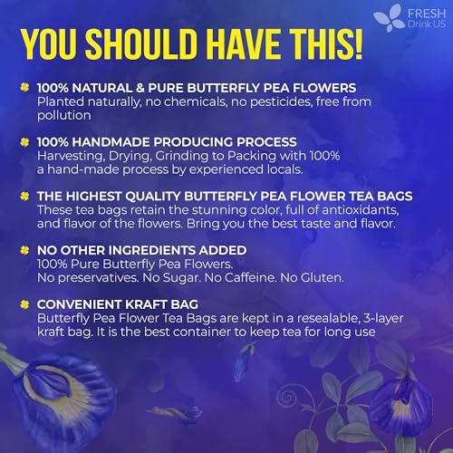 Image of FreshDrinkUS, Premium 100 Blue Butterfly Pea Flowers Tea Bags, 100% Natural and Pure from Butterfly Pea Flowers, Made With Natural Material Tea Bag, No Sugar, No Caffeine, No Gluten, Vegan