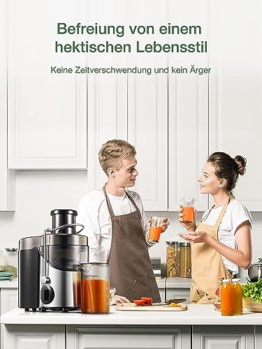 Foto von JUILIST Entsafter Gemüse und Obst aus Edelstahl, 400W Zentrifugal Entsafter 65 MM Einfüllöffnung und 3 Geschwindigkeiten, inkl Reinigungsbürste, Einfach zu Säubern, BPA-frei,Silber…