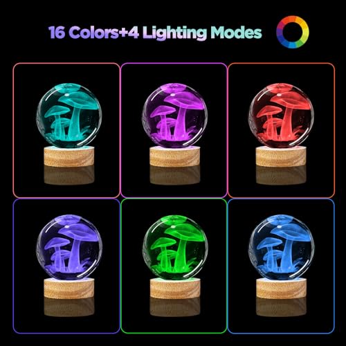 Image of 3D Mushroom Crystal Ball Night Light with Remote Upgraded 3.15 In Mushroom Glass Ball Table Lamps with 16 Color Led Wooden Base for Birthday Xmas Cute Mushroom Room Decor Gifts for Kids Women Teen
