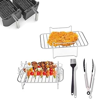 Air Fryer Accessories Set for Ninja Dual Air Fryer- Kitchen Wizz Stainless Steel Multipurpose Dual Layer Ninja Air Fryer Rack with BBQ Brush and 1 Grill Tongs with Skewers Compatible for Air Fryer
