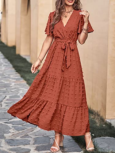 Image of MASCOMODA Women Boho Swiss Dot Maxi Dresses Wrap V Neck Flutter Short Sleeve Solid Tie Waist A Line Tiered Flowy Long Dresses
