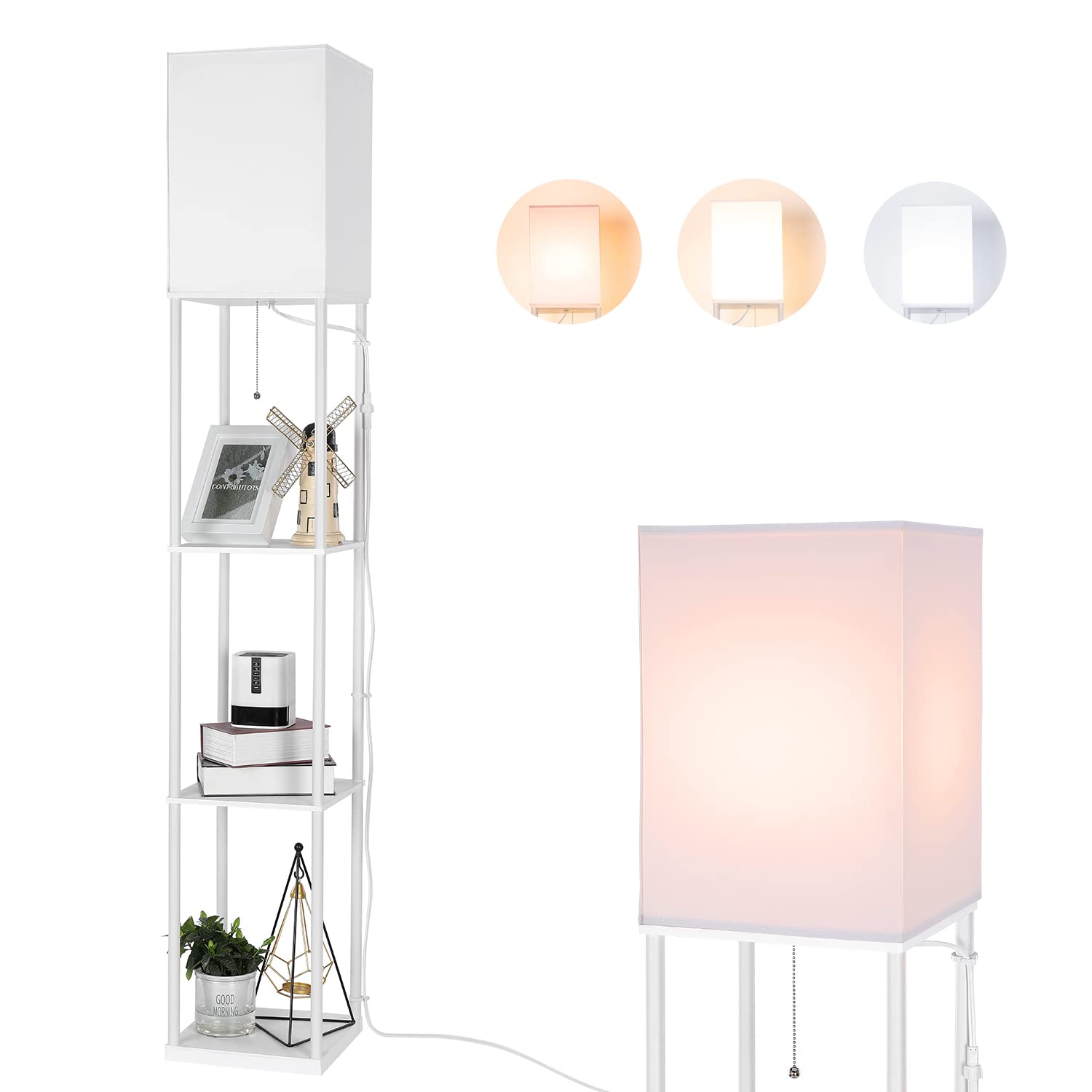 BBHome Moderna lámpara de pie con estante de madera, 3 temperaturas de color regulables, lámpara LED de pie para el salón, dormitorio, oficina, bombilla de 9 W incluida(blanco)