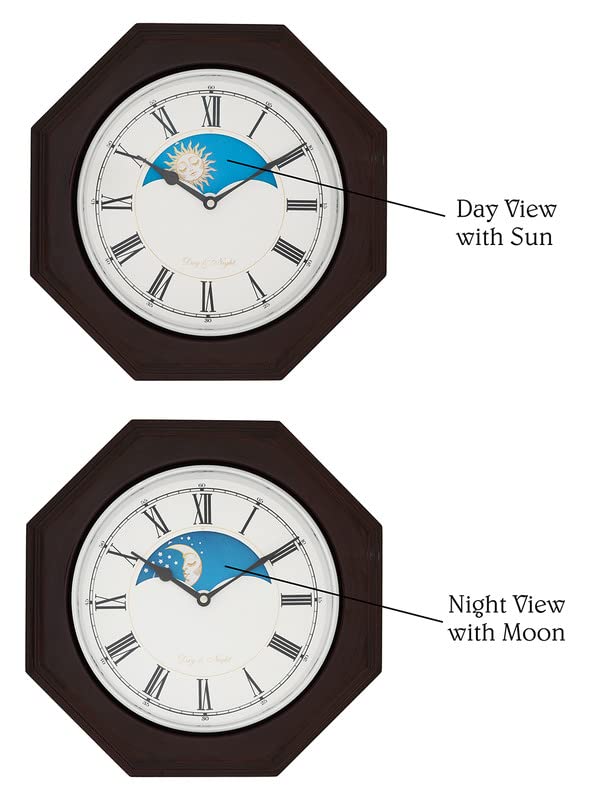 Image of CHRONIKLE Unique Octagon Shaped Chocolate Color Sunrise /Sunset Style Wooden Roman Figure Wall Clock with Sweep Movement (Size: 33.5 x 33.5 x 6.5 CM | Color: Chocolate | Weight: 1535 grm)