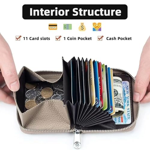 Credit Card Holder for Women Men RFID Blocking Wallet RFID Skimming Prevention Genuine Leather Wallet Multifunctional 14 Cards Compact Zipper Cards Mini Credit Card Anti-theft (Dark Green) 5