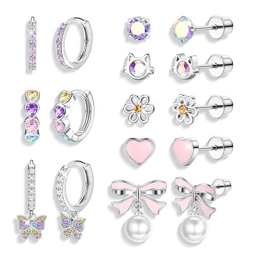 THUNARAZ Hypoallergenic Screw Back Earrings for Girls Women Surgical Stainless Steel Screwback Earrings Huggie Hoop Stud Earrings for Sensitive Ear Cute Heart Flower Bow Pearl Drop Dangle Earrings 20G