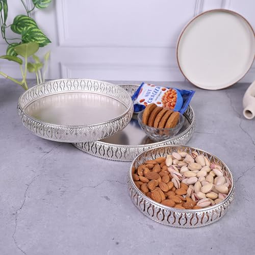 Image of Design Decor Gallery Combo of Round German Silver Plated Tray 6 Inch,8 Inch and 10 Inch Decorative Plate | Gift for Diwali, Anniversary, House Warming, Birthday, Wedding Return Gift Set
