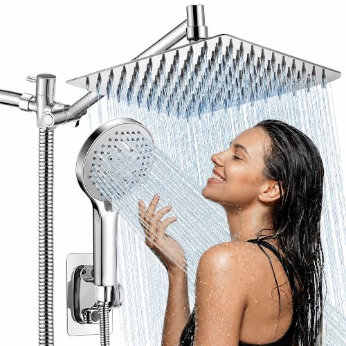 Image of 10 Inch Rainfall Shower Head with Handheld Combo and Extension Arm | Large rainfall shower head set with handheld sprayer, 11 inch adjustable arm, 59 inch hose, standard 1 /2 inch wall connection