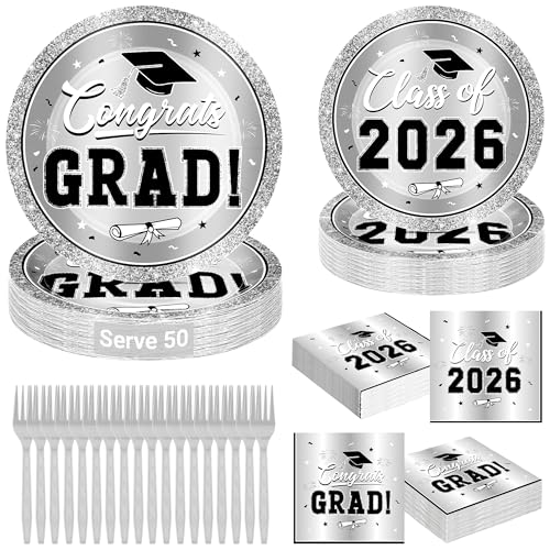 Image of QZYL 200Pcs Sliver Graduation Plates and Napkins, Graduation Party Supplies for 50 Guests, Disposable Grad Dessert Plates and Plastic Forks for Grad Party Decorations