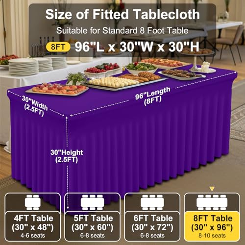 Image of Smiry Spandex Elastic Fitted Table Cloth Skirt for 8FT Rectangle Table | Stretch Washable Table Cloth, Banquet Table Cover for Wedding, Party, Indoor & Trade Shows, (Purple, 96Lx30Wx30H)