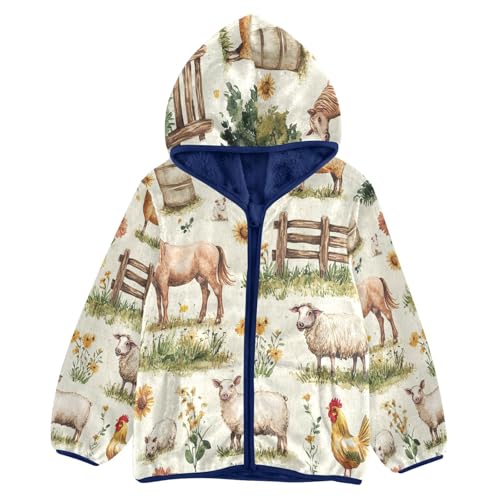 Farm Animals and Flowers Toddler Fleece Jacket Girl Boys Hooded Fleece Jacket Coat Warm Outwear Zip-up 3-10T