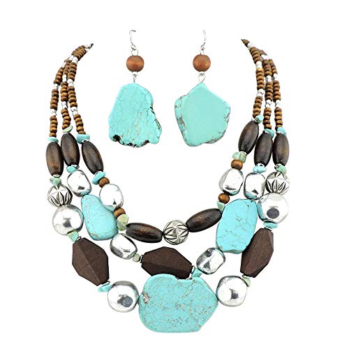 Bocar Layered Strands Turquoise Statement Chunky Necklace Earrings Set for Women Gifts (SET-10124-Ice Green+Earrings)