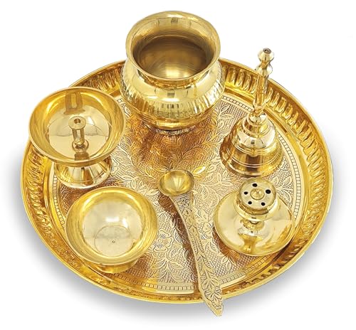 Image of BENGALEN Brass Puja Thali Set 8 Inch Pooja Thali with Pital Plate Kalash Chandan Vati Piyali Deep Dhup Dan Ghanti Palli Diya Arti Thali for Diwali Home Office Mandir Wedding Return Gift Items