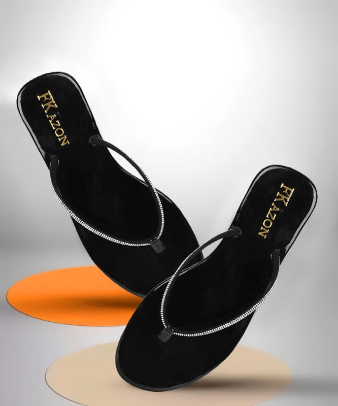Image of Women's Stylish Flat Sandals - Elegant Flip-Flops with Sparkling Strap|FK 804 BLACK