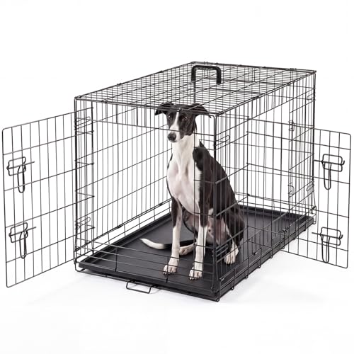 DUMOS Dog Crate, 36 Inch Medium Double Door Dog Cage with Plastic Leak-Proof Pan Tray, Folding Metal Wire Pet Kennel for Indoor, Outdoor, Travel, Black
