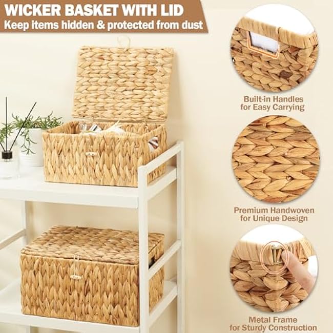 Wicker Basket with Lid, Water Hyacinth Storage Baskets for Shelves, Large & Small Storage Basket with Lid and Built-in Handles, Hand Woven Hyacinth Baskets 2 Pack