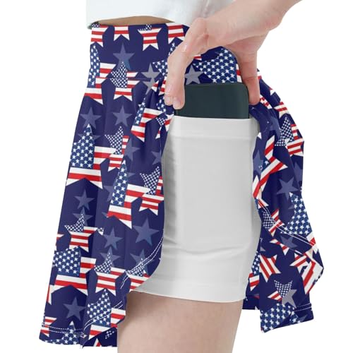 CHIFIGNO Girls Skort 2-in-1 Tennis Skirts with Shorts Flowy Athletic Golf Skorts Red White Blue Stars American Flag4