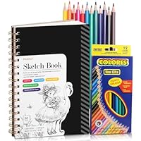 Sketch Book with 12 Color Pencil Set, 90 Sheets Spiral Sketchbook for Drawing (68lb/100gsm), Acid-Free Sketch Pad for Kids Artist, Art Paper Drawing Supplies for Gifts (5.5×8.5 inch)