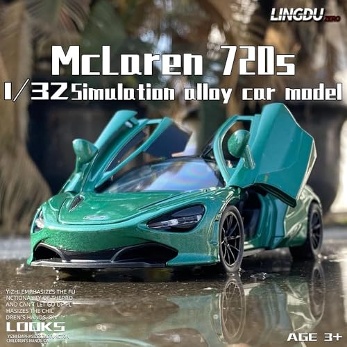 Image of WORSHIPER 1:32 Scale McLaren 720S Die-Cast Model Car � Alloy Metal Pullback Toy Car with Openable Butterfly Doors, Lights & Sound � Kids & Adults (1:32 McLaren 720s Green Color)