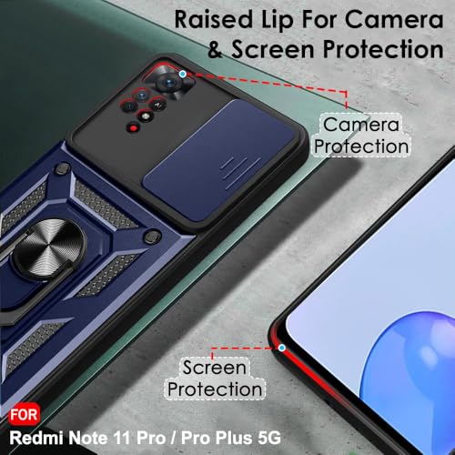 Image of TheGiftKart Tough Armor Bumper Back Cover Case for Mi Redmi Note 11 Pro /Pro Plus 5G | Kickstand & Ring Holder | 360 Degree Protection Back Cover Case (PC & TPU, Sliding Camera Cover, Blue)