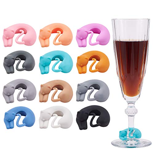 PH PandaHall 12pcs Cat Drink Markers Animal Cat Kitty Wine Charms Silicone Glass Markers for Champagne Flutes Cocktails Martinis Wine Glass