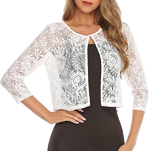 Irevial Boléro Femme Été Gilet 3/4 Manches Dentelle Cardigan Femme Chic Outwear Veste avec Boutons Respirant Élégant Blanche, XL