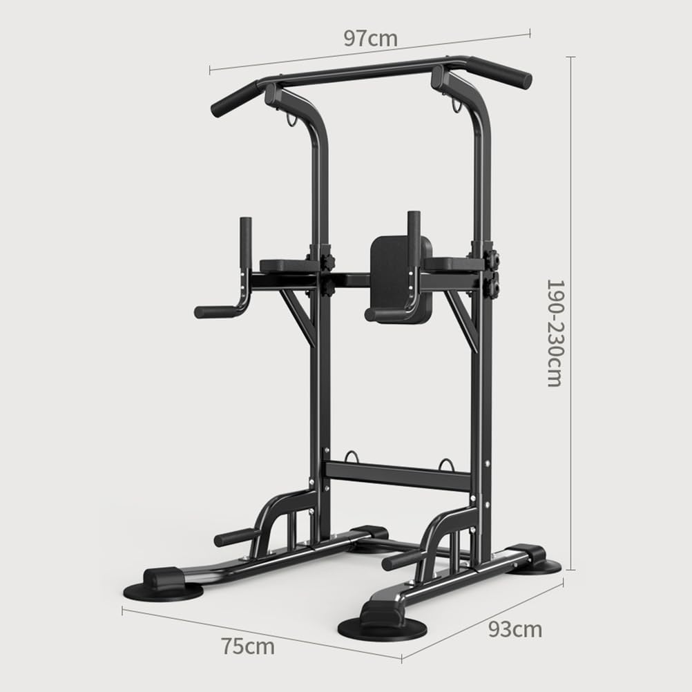 Jaula Multiestación de Musculación Rack de Dominadas y Fondos Power Tower. Acolchado y con Agarres Antideslizantes, AlturaAjustable,Negro