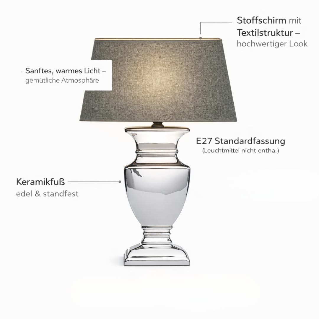 DRULINE Silver Lady Tischlampe Tischleuchte Lampe Keramik Grau Nachttischlampe Lampenfuß 53 cm