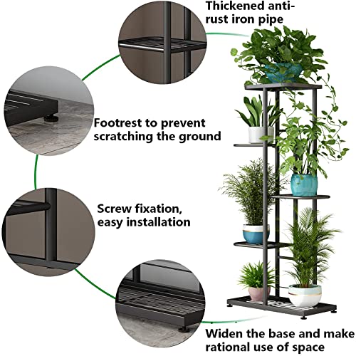 Linzinar Plant Stand Metal 5 Tier 6 Potted Multiple Flower Pot Holder Shelf Indoor Outdoor Planter Display Shelving Unit For Patio Garden Corner Balcony Living Room (5 Tier 6 Potted, Dark Grey) #TOP4