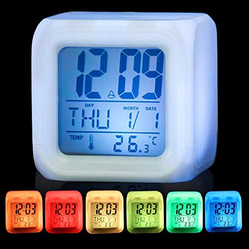 Réveil numérique 7 LED à changement de couleur lumière de nuit lumineuse Cube Réveil lumière Up, Wake Up Réveil électronique Thermomètre, Blanc Cover
