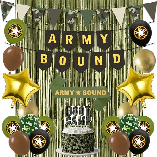 Holkcog Army Party Decorations Green Military Themed Birthday Banner Farewell Party Welcome Ceremony Army Bound Themed Tinsel Curtain Decorations Boot Camp Cake Topper Ballons Supply