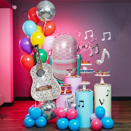Image of Music Theme Era's Party Balloon Set - 33 Pieces Guitar Disco Ball Microphone and Music Notes Foil Balloons for Music Events Swiftie Party and Birthday Party Decorations - Colorful Latex Balloons