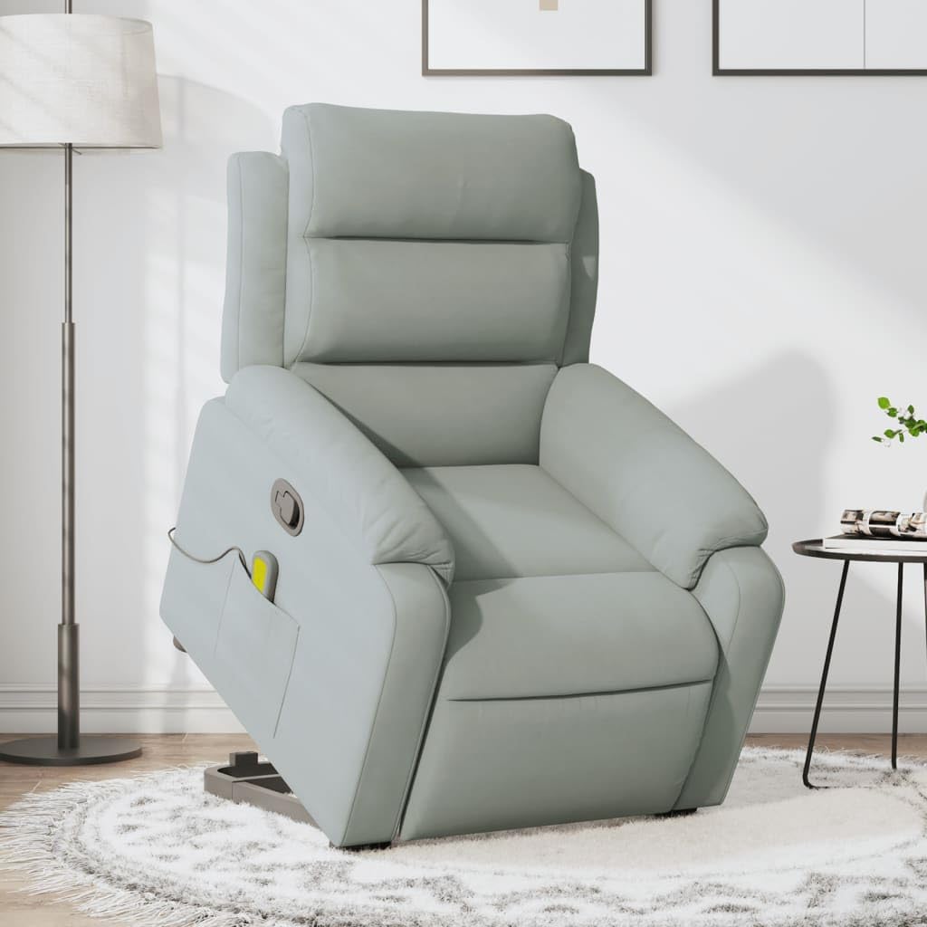 Sillón elevador reclinable gris claro de terciopelo con masaje y elevación eléctrica, función de vibración de 6 puntos, reclinación manual de 135 grados, estructura estable