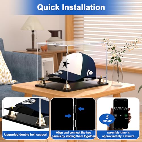 Image of Hat Display Case Clear Acrylic Hat Display Box Assemble Baseball Cap Holder for Signed Memorabilia Cap Storage with Metal Bell Base (11x8.2x7.1 inch)