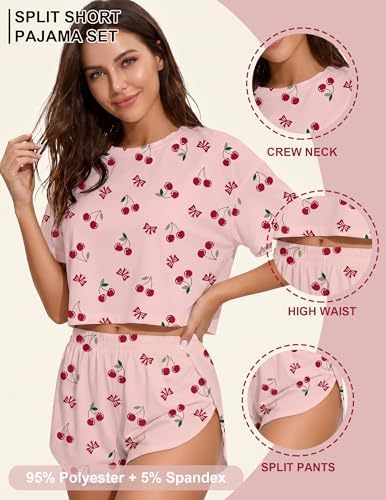 Image of Split Short Pajama Set 2 Piece Soft Women's Striped Pajamas Summer Sleeve Tee & Elastic Waist Shorts Sleepwear
